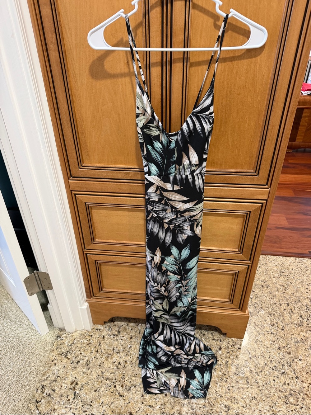 Windsor Black Maxi Dress with Teal and Beige Leaf Print